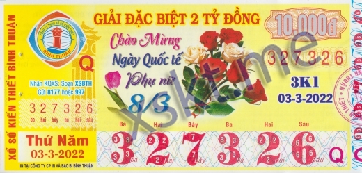 Mẫu vé sô xổ số Bình Thuận ngày 3/3/2022