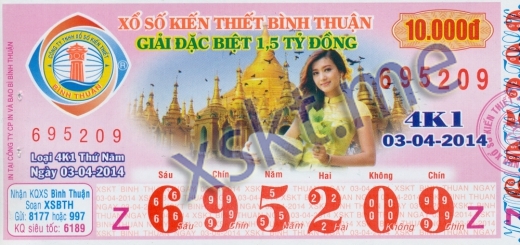 Mẫu vé sô xổ số Bình Thuận ngày 3/4/2014