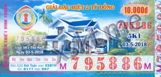 Mẫu vé sô xổ số Bình Thuận ngày 3/5/2018