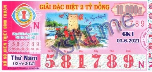 Mẫu vé sô xổ số Bình Thuận ngày 3/6/2021