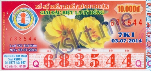 Mẫu vé sô xổ số Bình Thuận ngày 3/7/2014