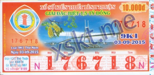 Mẫu vé sô xổ số Bình Thuận ngày 3/9/2015