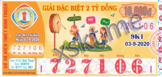 Mẫu vé sô xổ số Bình Thuận ngày 3/9/2020