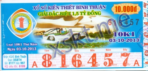 Mẫu vé sô xổ số Bình Thuận ngày 3/10/2013