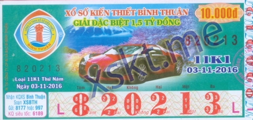 Mẫu vé sô xổ số Bình Thuận ngày 3/11/2016