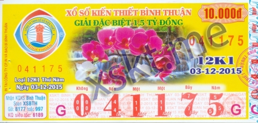 Mẫu vé sô xổ số Bình Thuận ngày 3/12/2015