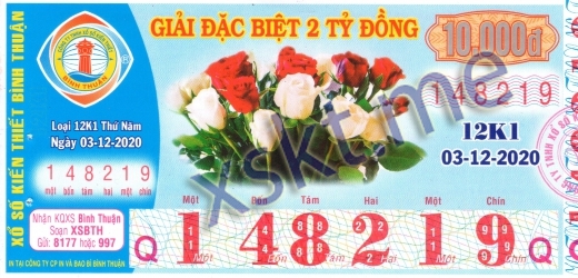 Mẫu vé sô xổ số Bình Thuận ngày 3/12/2020