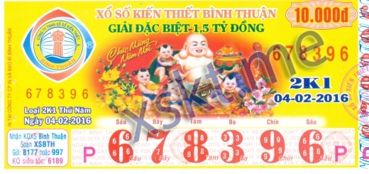 Mẫu vé sô xổ số Bình Thuận ngày 4/2/2016