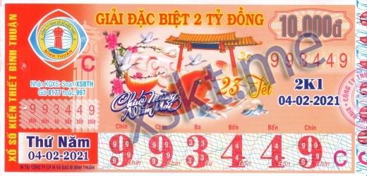 Mẫu vé sô xổ số Bình Thuận ngày 4/2/2021