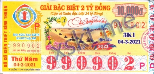 Mẫu vé sô xổ số Bình Thuận ngày 4/3/2021