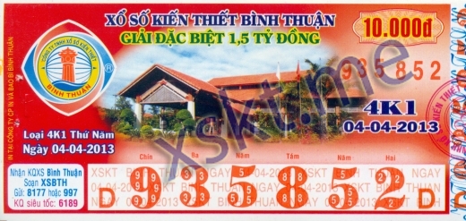 Mẫu vé sô xổ số Bình Thuận ngày 4/4/2013