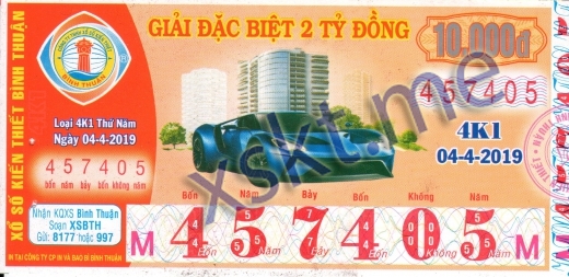 Mẫu vé sô xổ số Bình Thuận ngày 4/4/2019