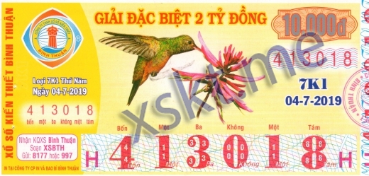 Mẫu vé sô xổ số Bình Thuận ngày 4/7/2019
