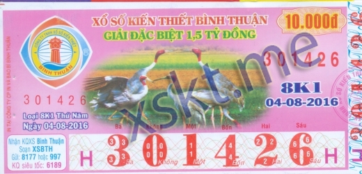 Mẫu vé sô xổ số Bình Thuận ngày 4/8/2016