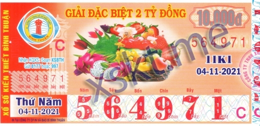 Mẫu vé sô xổ số Bình Thuận ngày 4/11/2021