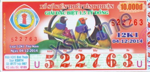 Mẫu vé sô xổ số Bình Thuận ngày 4/12/2014