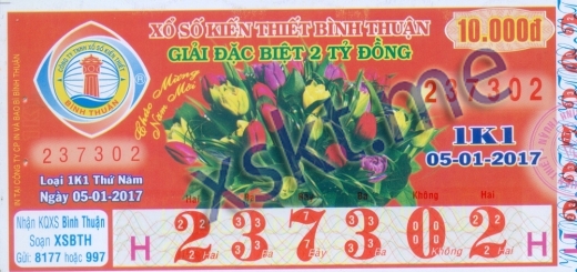 Mẫu vé sô xổ số Bình Thuận ngày 5/1/2017