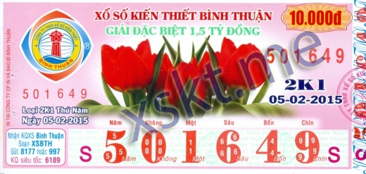 Mẫu vé sô xổ số Bình Thuận ngày 5/2/2015