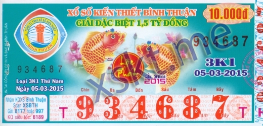 Mẫu vé sô xổ số Bình Thuận ngày 5/3/2015