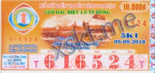 Mẫu vé sô xổ số Bình Thuận ngày 5/5/2016