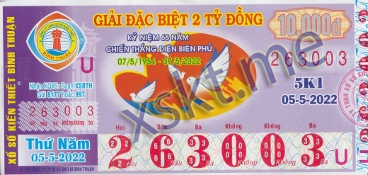 Mẫu vé sô xổ số Bình Thuận ngày 5/5/2022