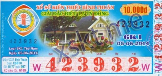Mẫu vé sô xổ số Bình Thuận ngày 5/6/2014