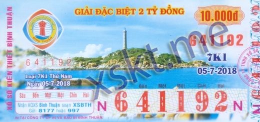 Mẫu vé sô xổ số Bình Thuận ngày 5/7/2018