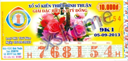 Mẫu vé sô xổ số Bình Thuận ngày 5/9/2013