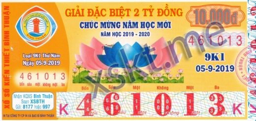 Mẫu vé sô xổ số Bình Thuận ngày 5/9/2019