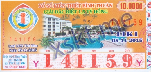 Mẫu vé sô xổ số Bình Thuận ngày 5/11/2015