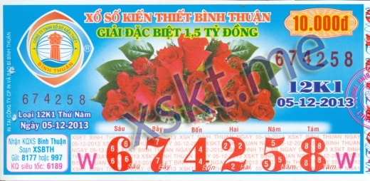 Mẫu vé sô xổ số Bình Thuận ngày 5/12/2013