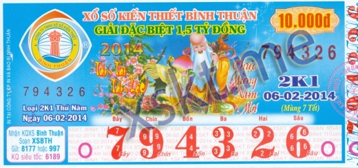 Mẫu vé sô xổ số Bình Thuận ngày 6/2/2014