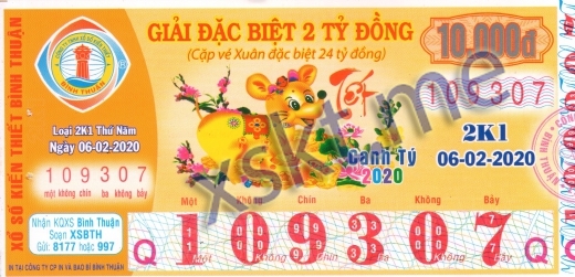 Mẫu vé sô xổ số Bình Thuận ngày 6/2/2020