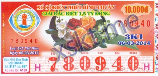 Mẫu vé sô xổ số Bình Thuận ngày 6/3/2014