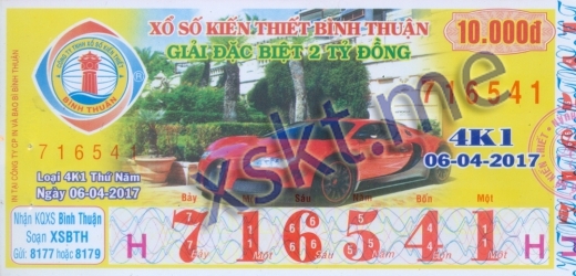 Mẫu vé sô xổ số Bình Thuận ngày 6/4/2017