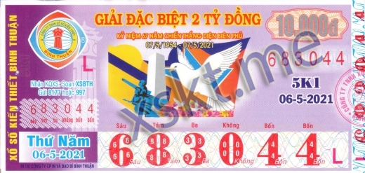 Mẫu vé sô xổ số Bình Thuận ngày 6/5/2021