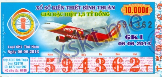 Mẫu vé sô xổ số Bình Thuận ngày 6/6/2013