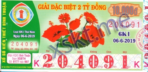 Mẫu vé sô xổ số Bình Thuận ngày 6/6/2019