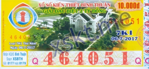 Mẫu vé sô xổ số Bình Thuận ngày 6/7/2017