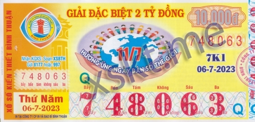 Mẫu vé sô xổ số Bình Thuận ngày 6/7/2023