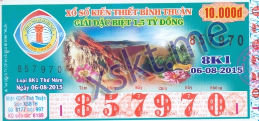 Mẫu vé sô xổ số Bình Thuận ngày 6/8/2015