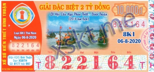 Mẫu vé sô xổ số Bình Thuận ngày 6/8/2020