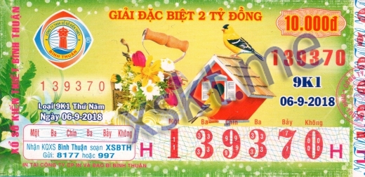 Mẫu vé sô xổ số Bình Thuận ngày 6/9/2018