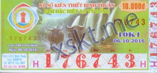 Mẫu vé sô xổ số Bình Thuận ngày 6/10/2016