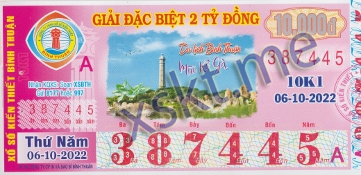 Mẫu vé sô xổ số Bình Thuận ngày 6/10/2022