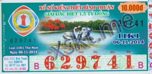Mẫu vé sô xổ số Bình Thuận ngày 6/11/2014