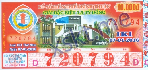 Mẫu vé sô xổ số Bình Thuận ngày 7/1/2016