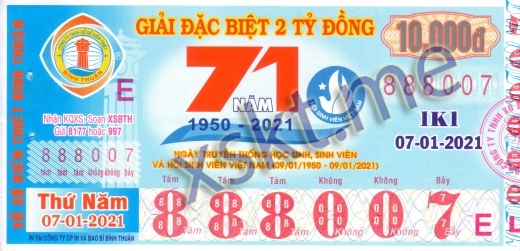 Mẫu vé sô xổ số Bình Thuận ngày 7/1/2021