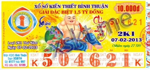 Mẫu vé sô xổ số Bình Thuận ngày 7/2/2013