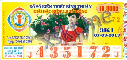 Mẫu vé sô xổ số Bình Thuận ngày 7/3/2013